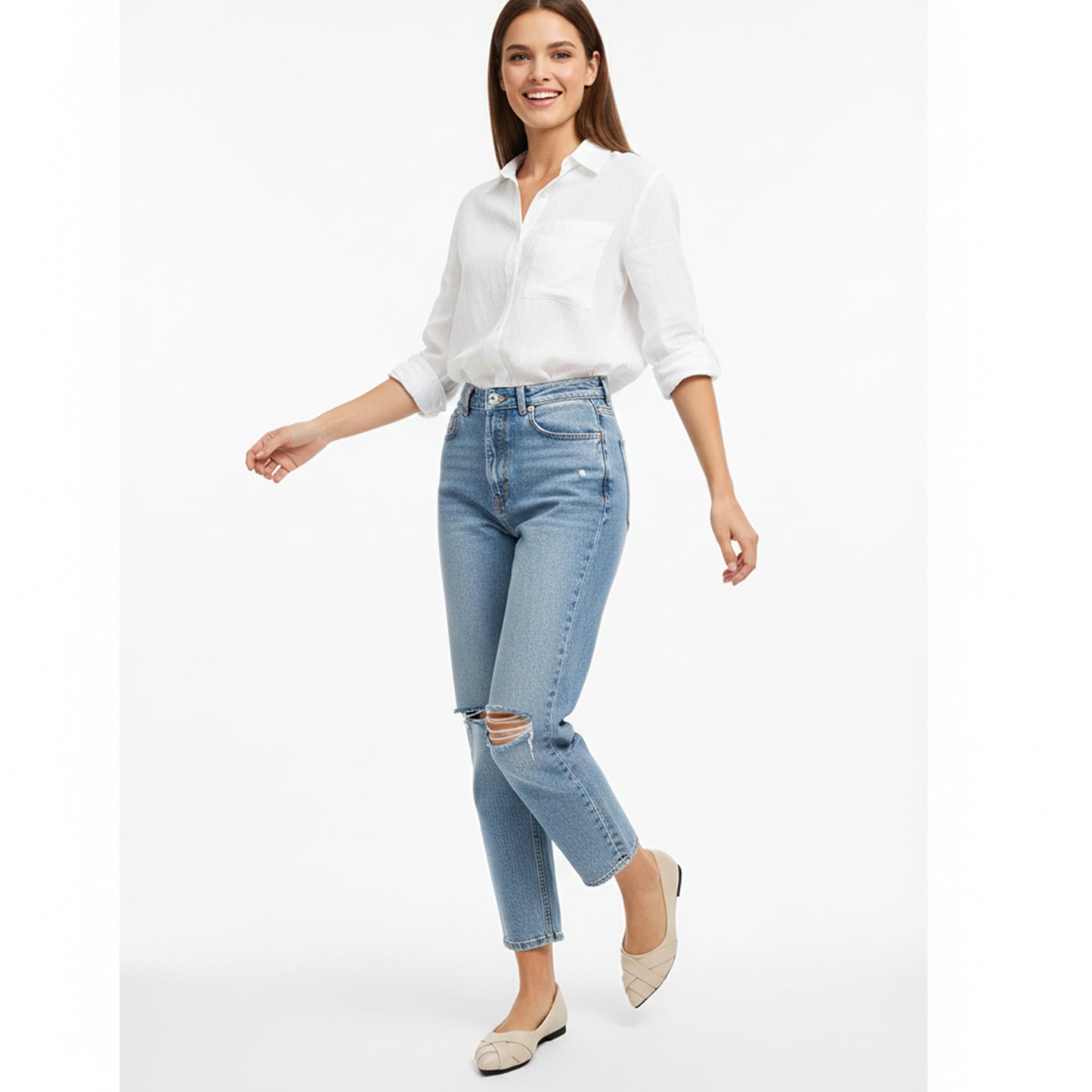 Beige Strips Flat Shoes