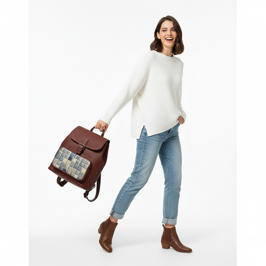 Burgundy blue grid Nancy Backpack