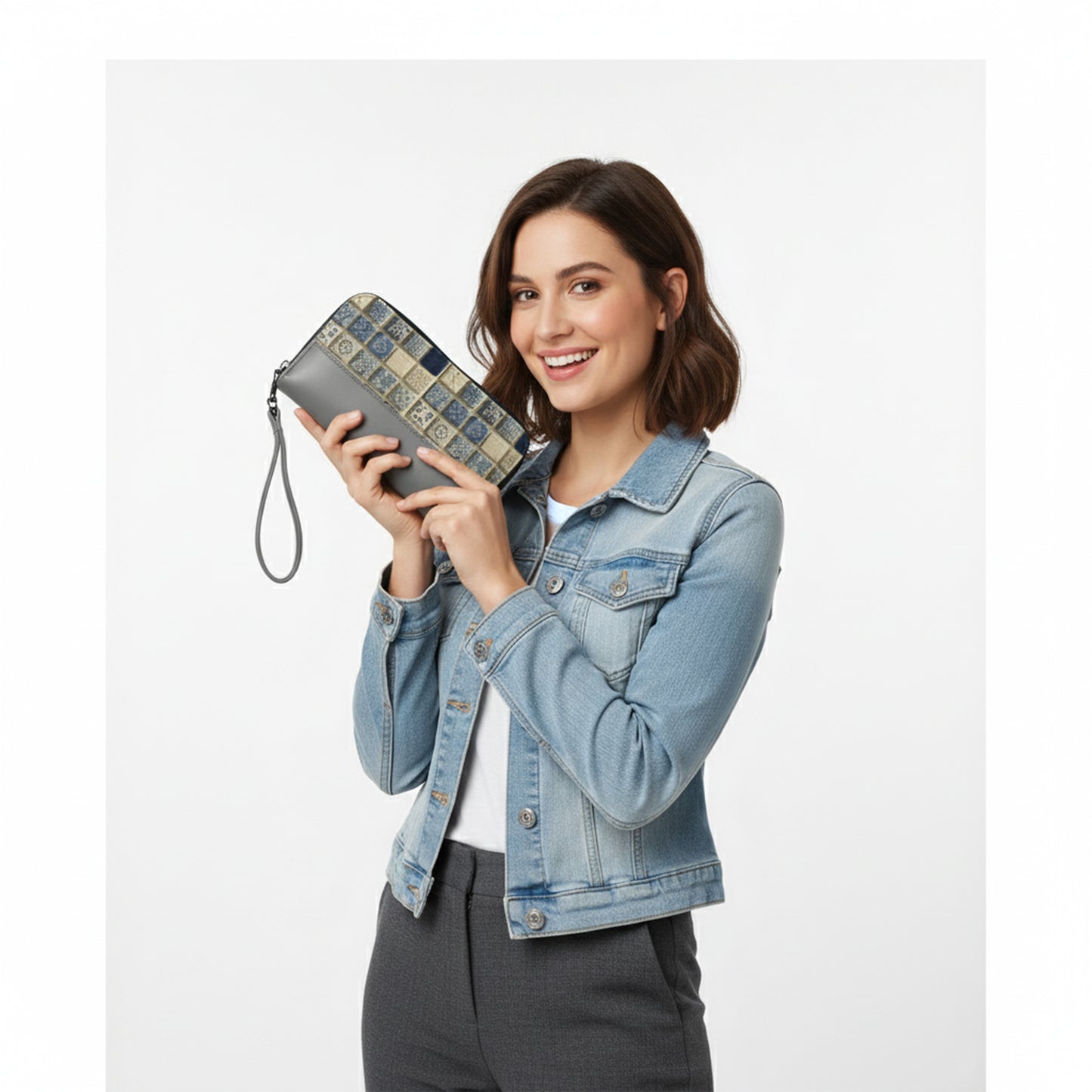 Grey Joyful blue grid  Wallet