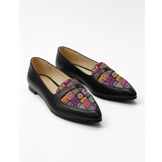 Black Stride mandala Flat Shoes
